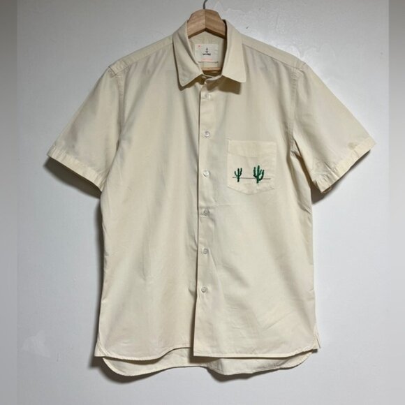 Men's Casual Cream Button Down Shirt with Cactus Embroidery - Picture 1 of 10